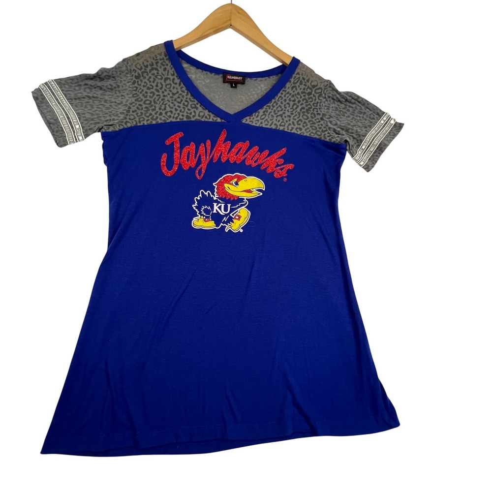 Gameday Couture Kansas Jayhawks Blue Leopard Sequin V-Neck Top Large